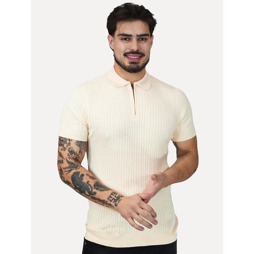 Polo Dixen Masculina Tricot Manga Curta Ziper Creme