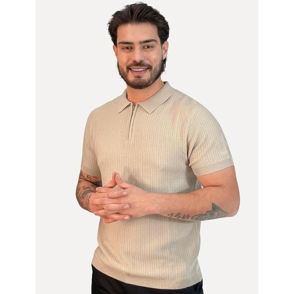Polo Dixen Masculina Tricot Texturizada Manga Curta Ziper Cáqui Médio