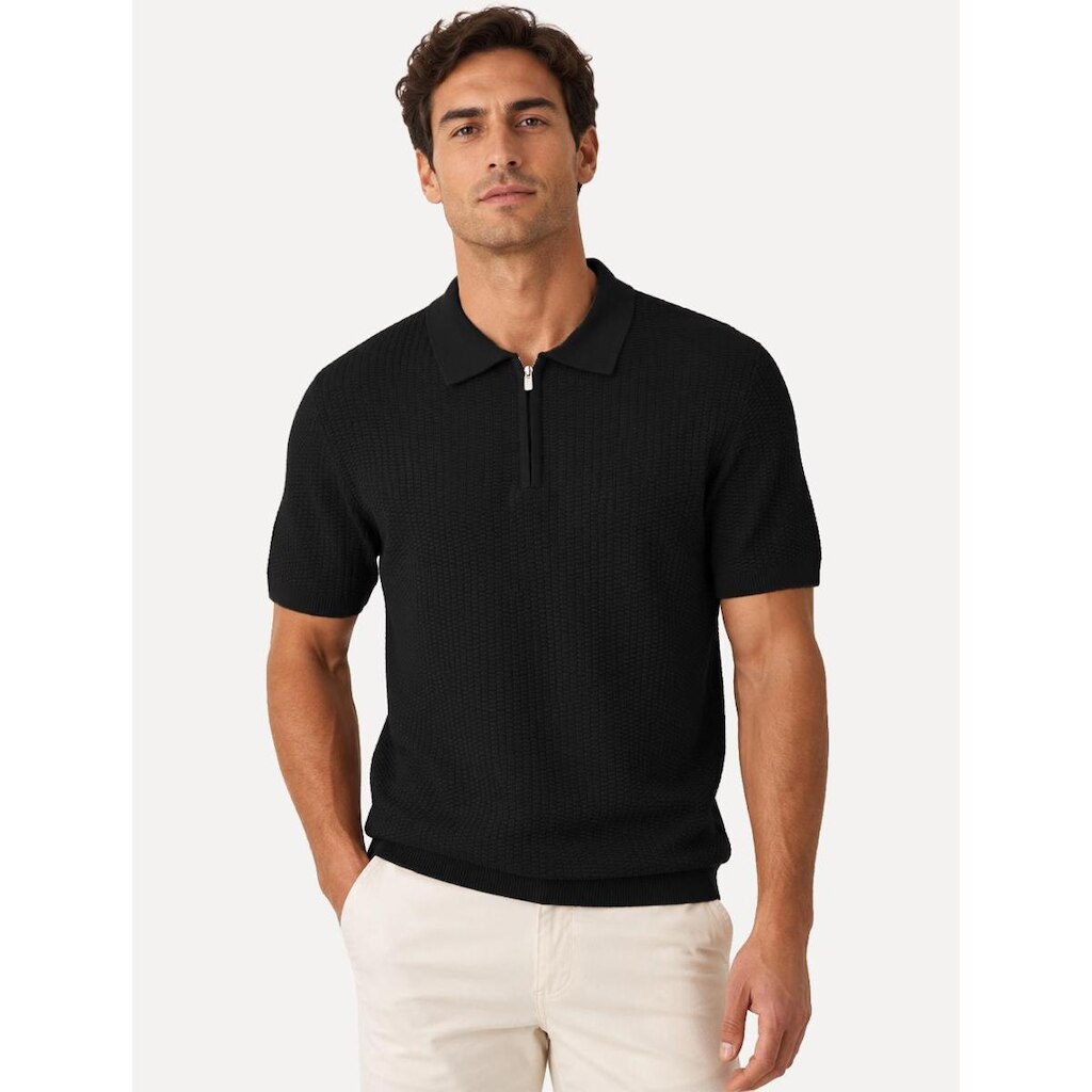 Polo Dixen Masculina Tricot Texturizada Manga Curta Ziper Preta