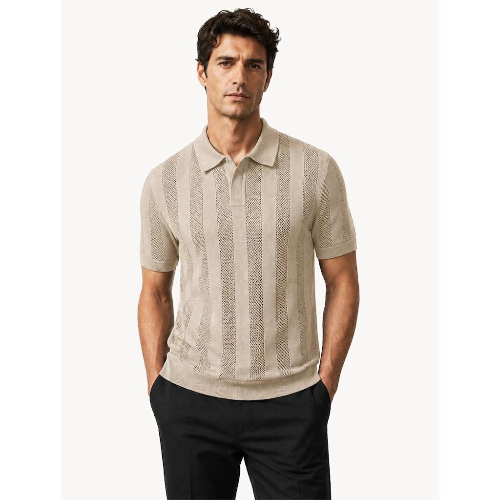 Polo Dixen Masculina Tricot Vertical Manga Curta Cáqui Médio