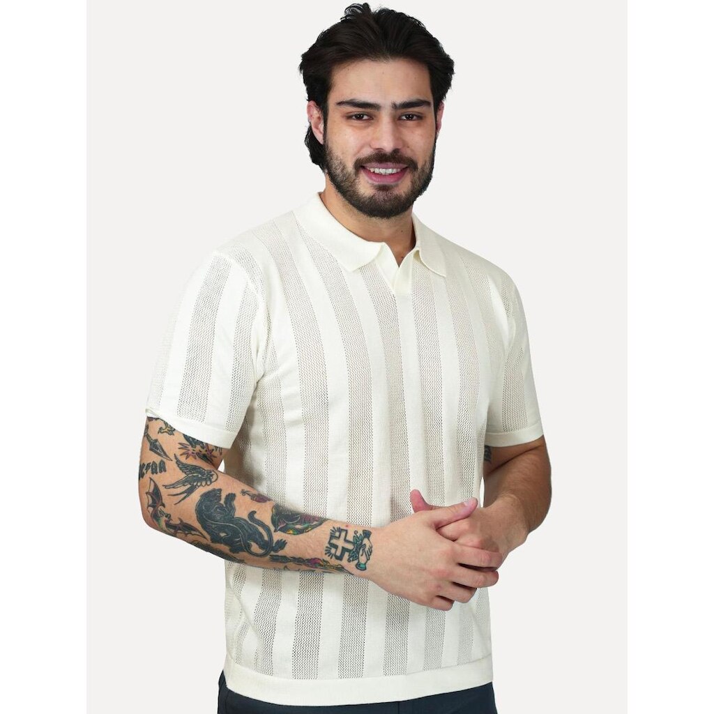 Polo Dixen Masculina Tricot Vertical Manga Curta Off-White