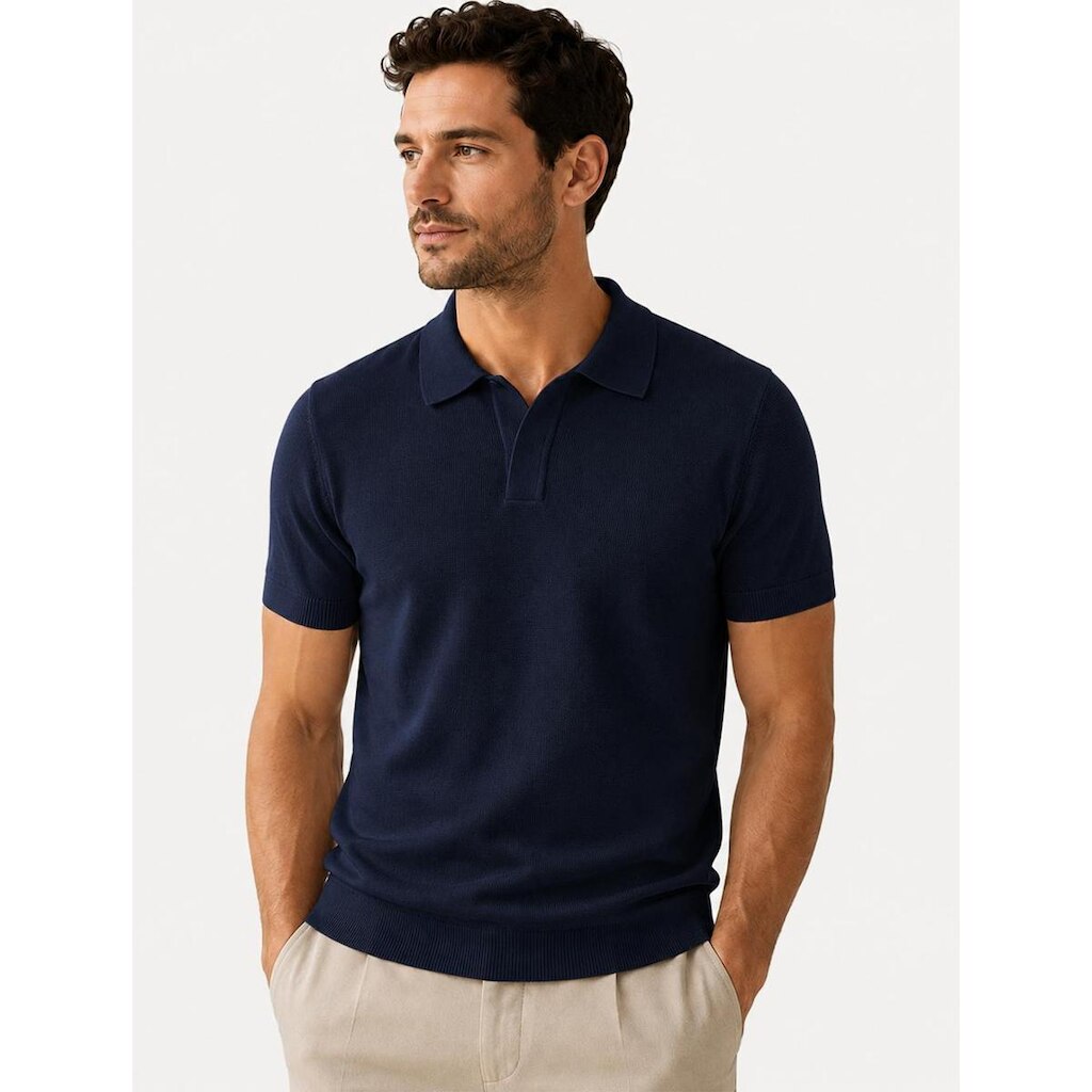 Polo Dixen Masculina Tricot Viscose Texturizada Manga Curta Azul Marinho