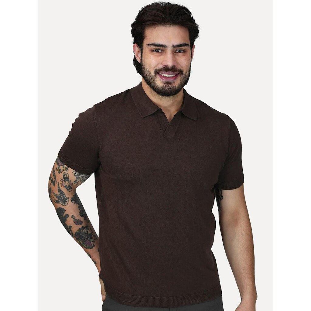 Polo Dixen Masculina Tricot Viscose Texturizada Manga Curta Marrom