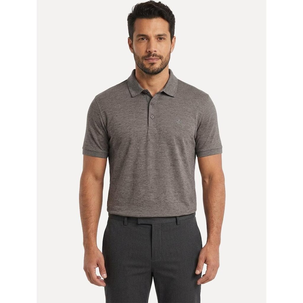 Polo Dudalina Masculina Malha Cotton Linho Listra Marrom Escuro