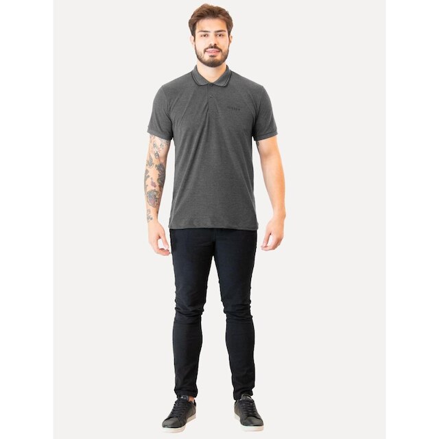 Polo Guess Masculina Piquet Bordado Friso Gola Cinza Escuro Mescla