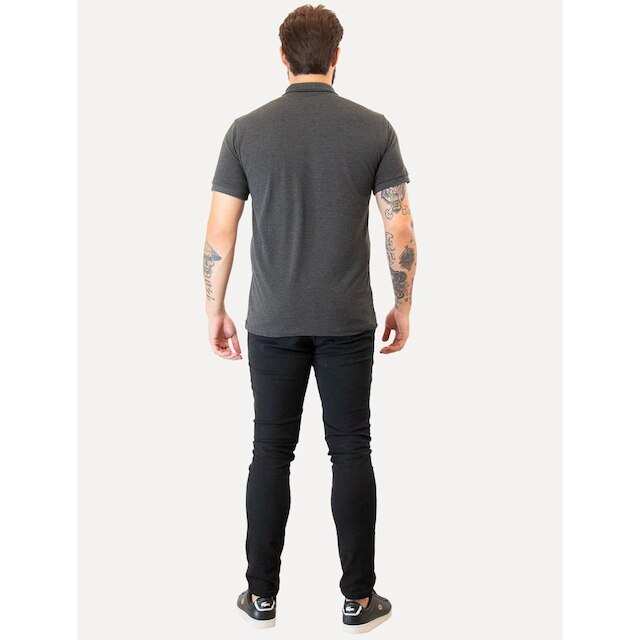 Polo Guess Masculina Piquet Bordado Friso Gola Cinza Escuro Mescla