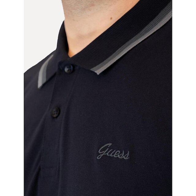Polo Guess Masculina Piquet Friso Bordado Cursivo Azul Marinho