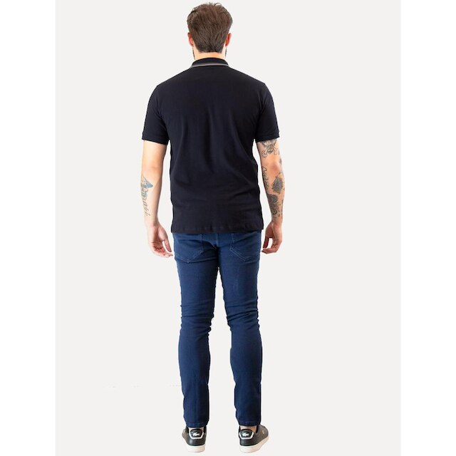Polo Guess Masculina Piquet Friso Bordado Cursivo Azul Marinho