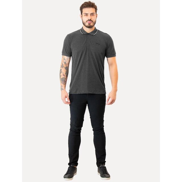 Polo Guess Masculina Piquet Friso Bordado Cursivo Cinza Escuro Mescla