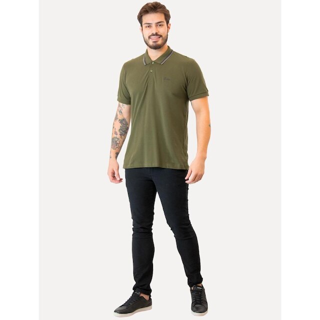 Polo Guess Masculina Piquet Friso Bordado Cursivo Verde Oliva