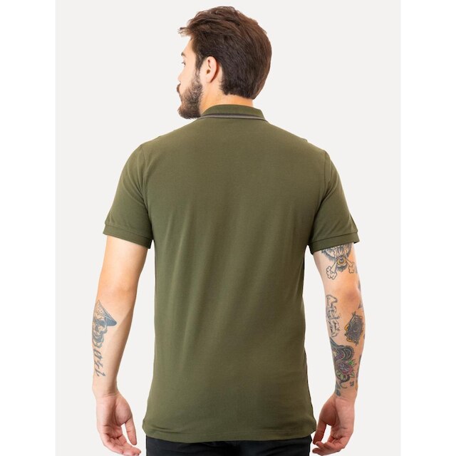 Polo Guess Masculina Piquet Friso Bordado Cursivo Verde Oliva