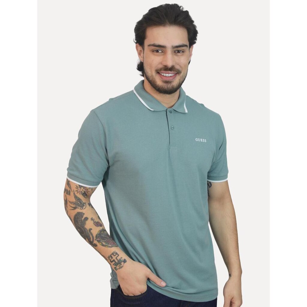 Polo Guess Masculina Piquet Silk Linear Light Friso Azul Petróleo