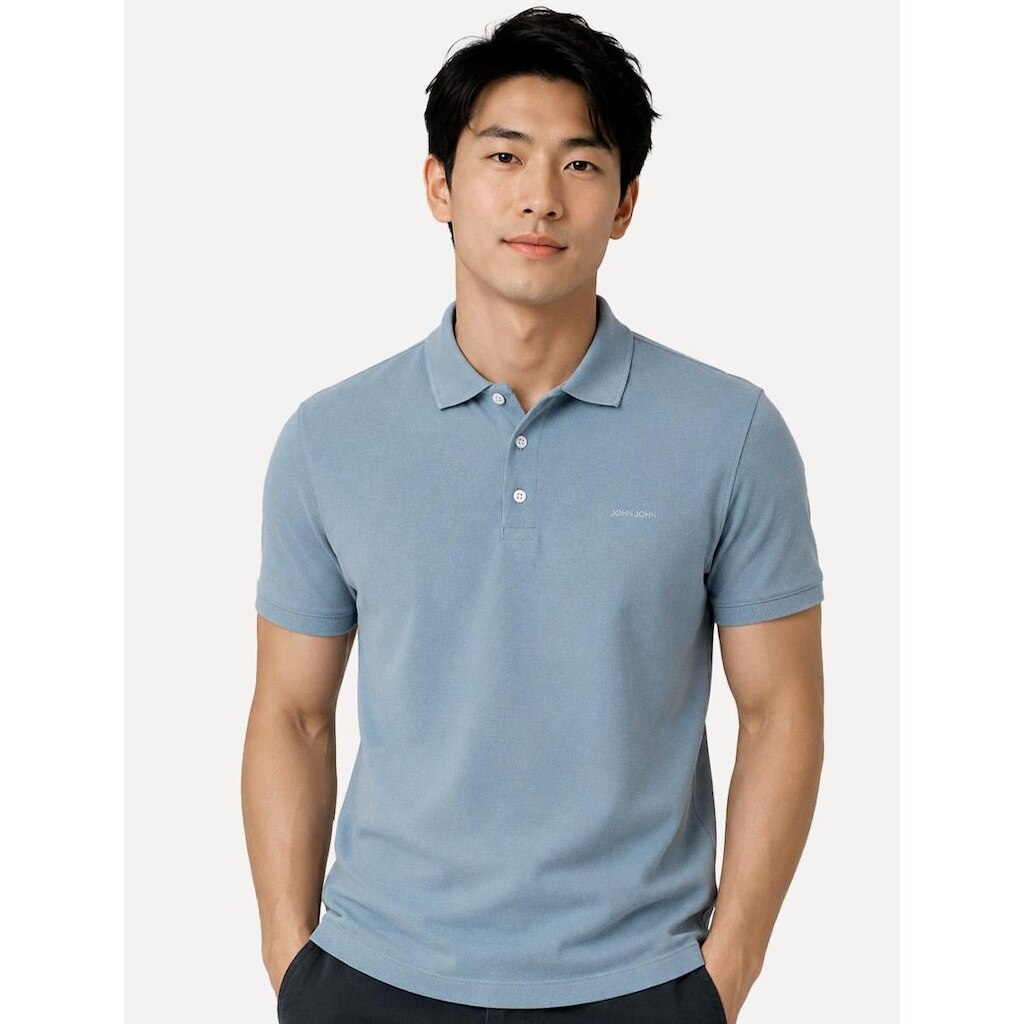 Polo John John Masculina Silm Fit New Simple Light Button Azul Médio