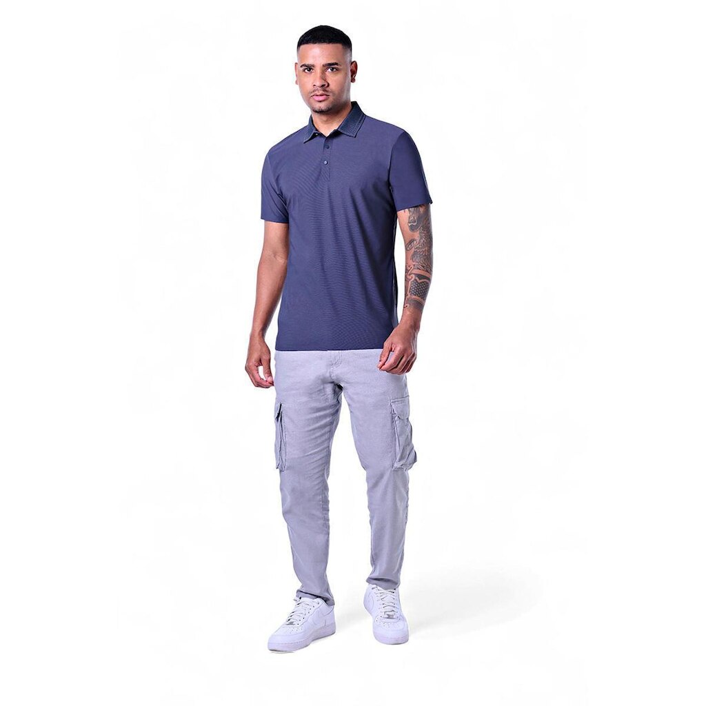 Polo Masculina Botão Jackard Premium Poliamida Respirável Pacific Blue