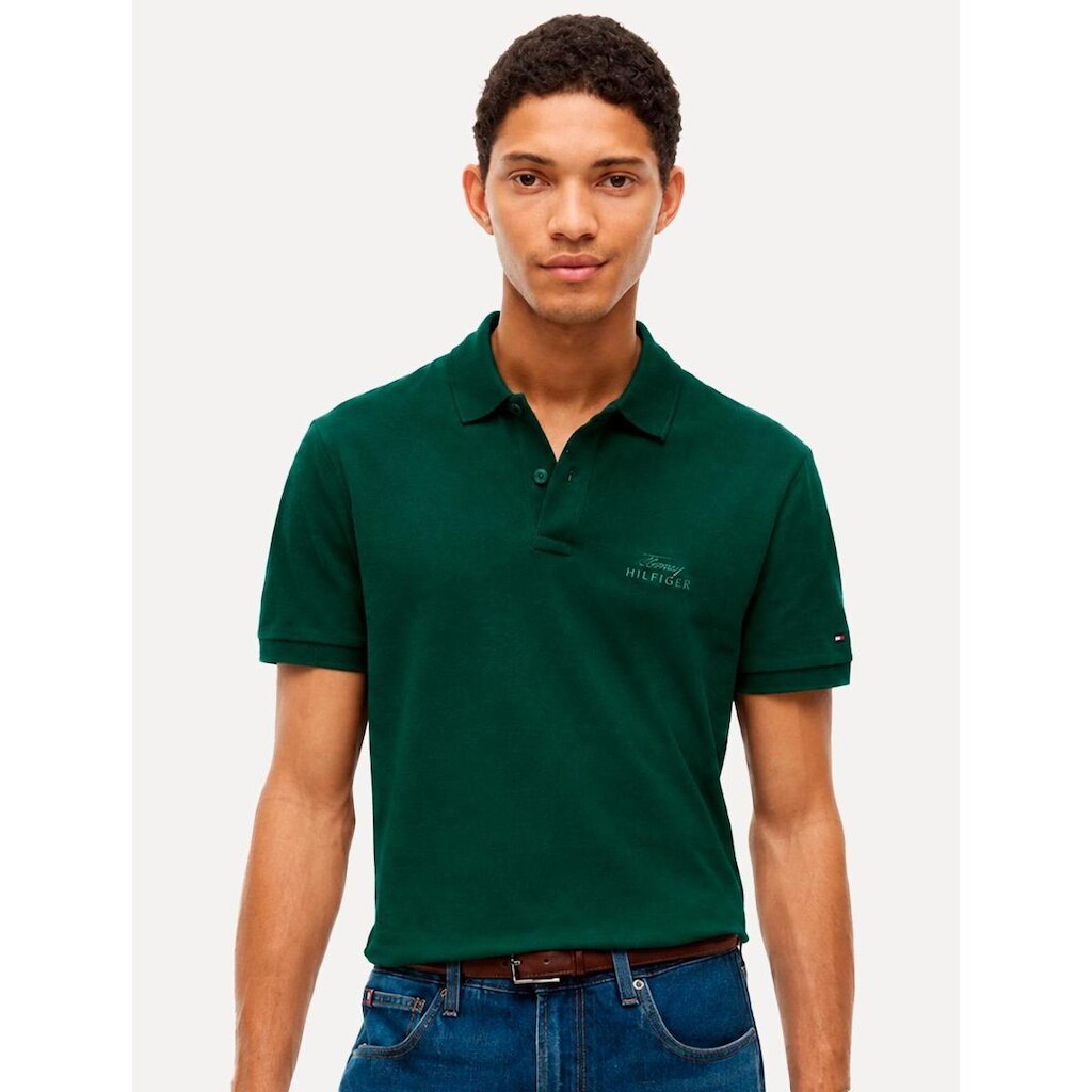 Polo Tommy Hilfiger Masculina Piquet Regular Melange Collar Verde Escuro