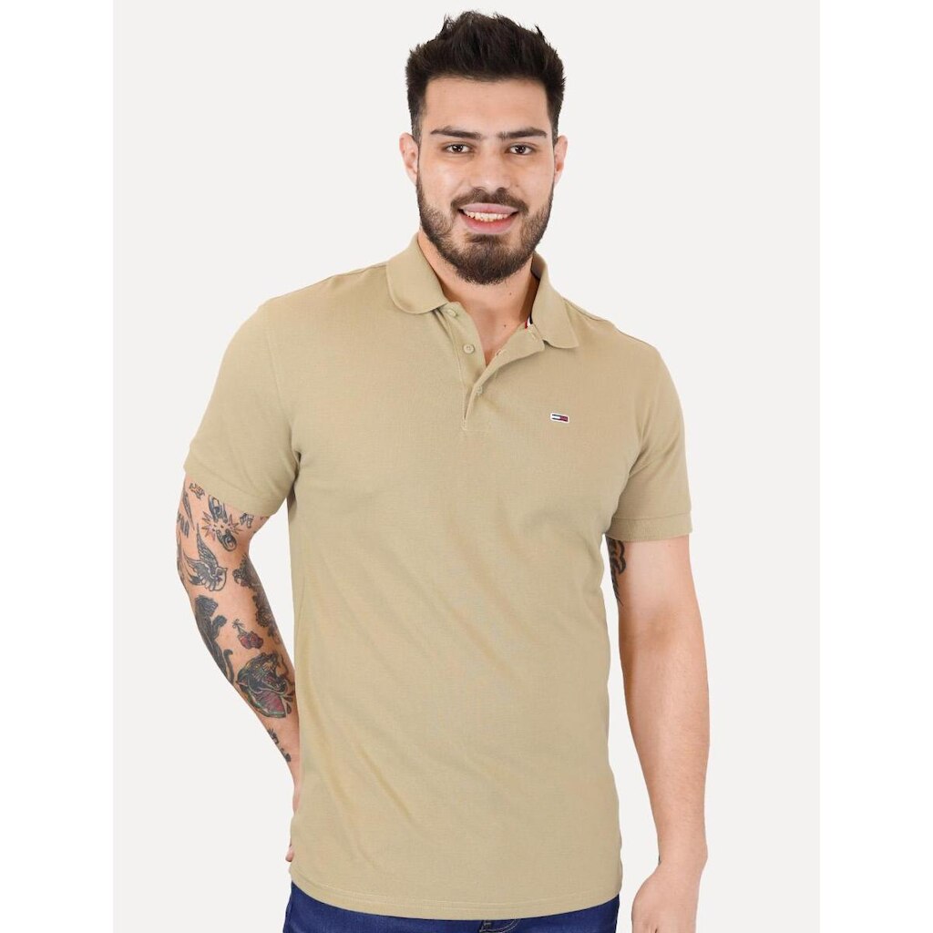 Polo Tommy Hilfiger Masculina Piquet Regular Placket Marrom Claro
