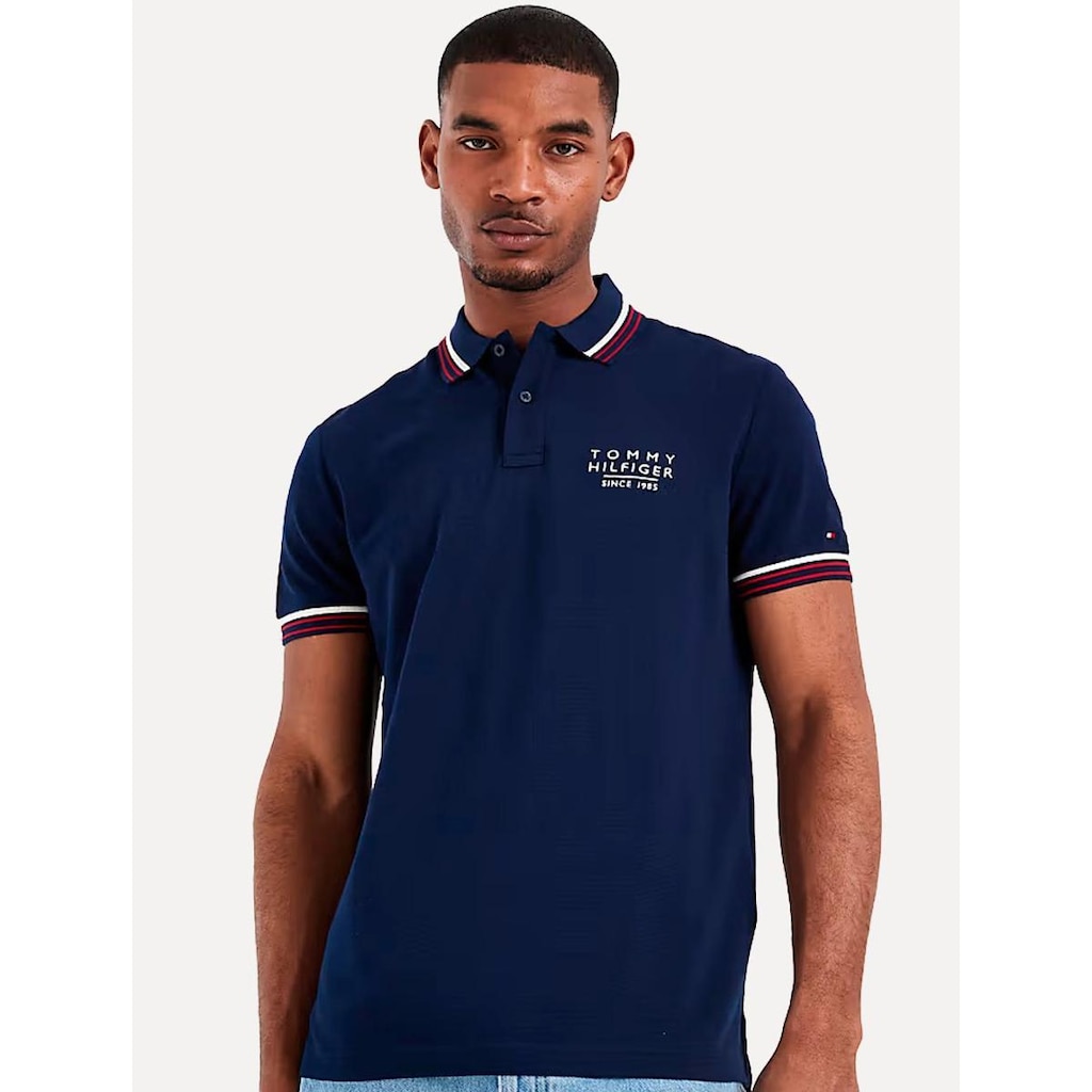 Polo Tommy Hilfiger Masculina Regular Stripe Collar Cuff Detail Azul Marinho