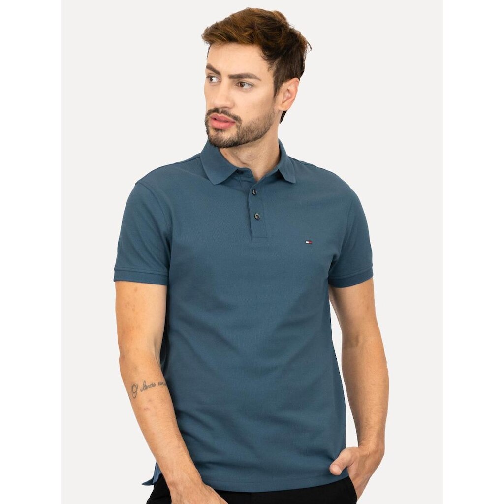 Polo Tommy Hilfiger Masculina Slim Piquet 1985 Aegean Sea Azul Escuro