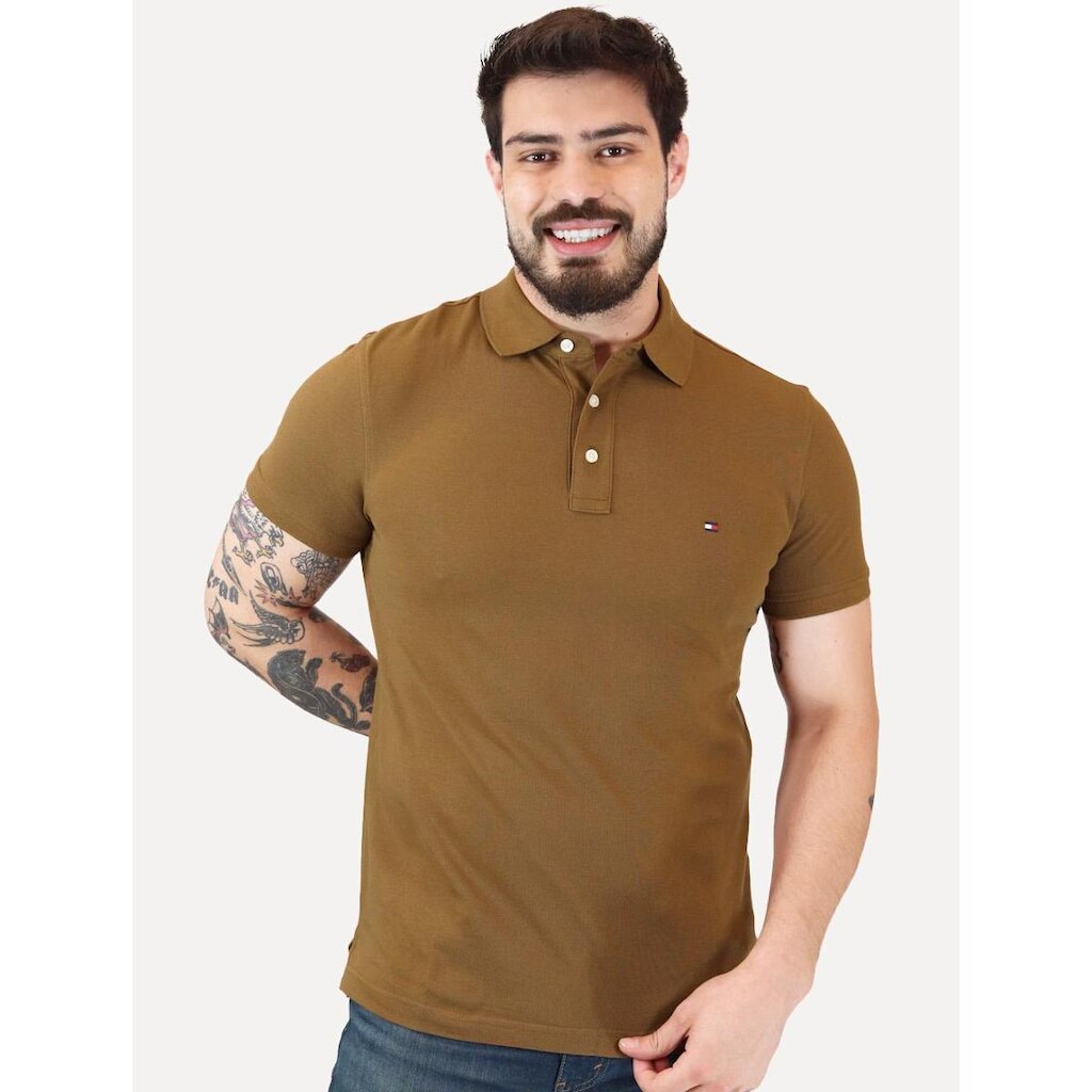 Polo Tommy Hilfiger Masculina Slim Piquet 1985 Marrom