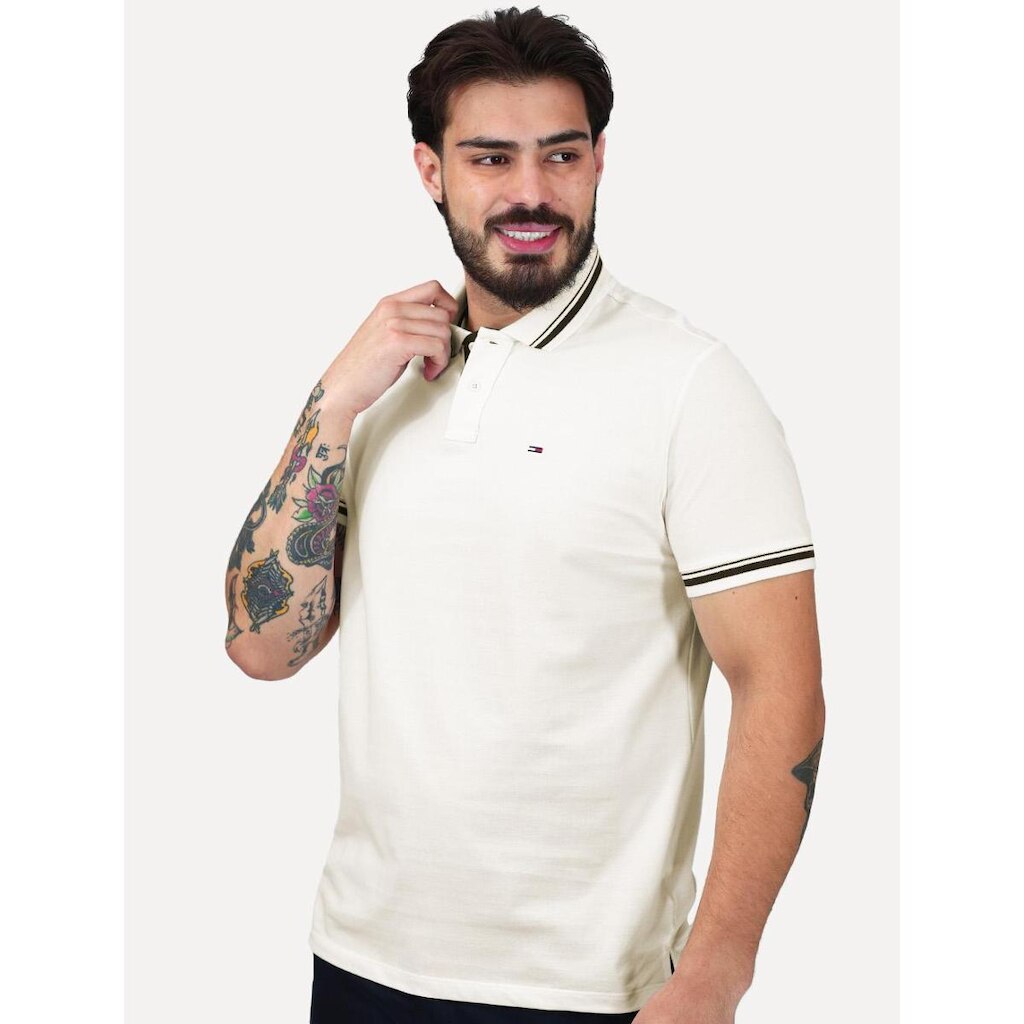 Polo Tommy Jeans Masculina Piquet Regular Tipped Off White