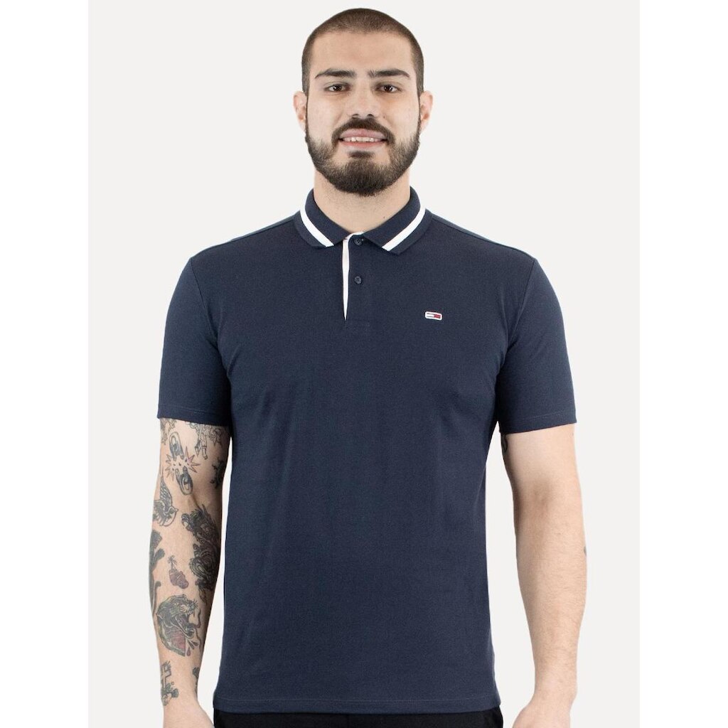 Polo Tommy Jeans Masculina Piquet Regular Tipped Stretch Azul Marinho