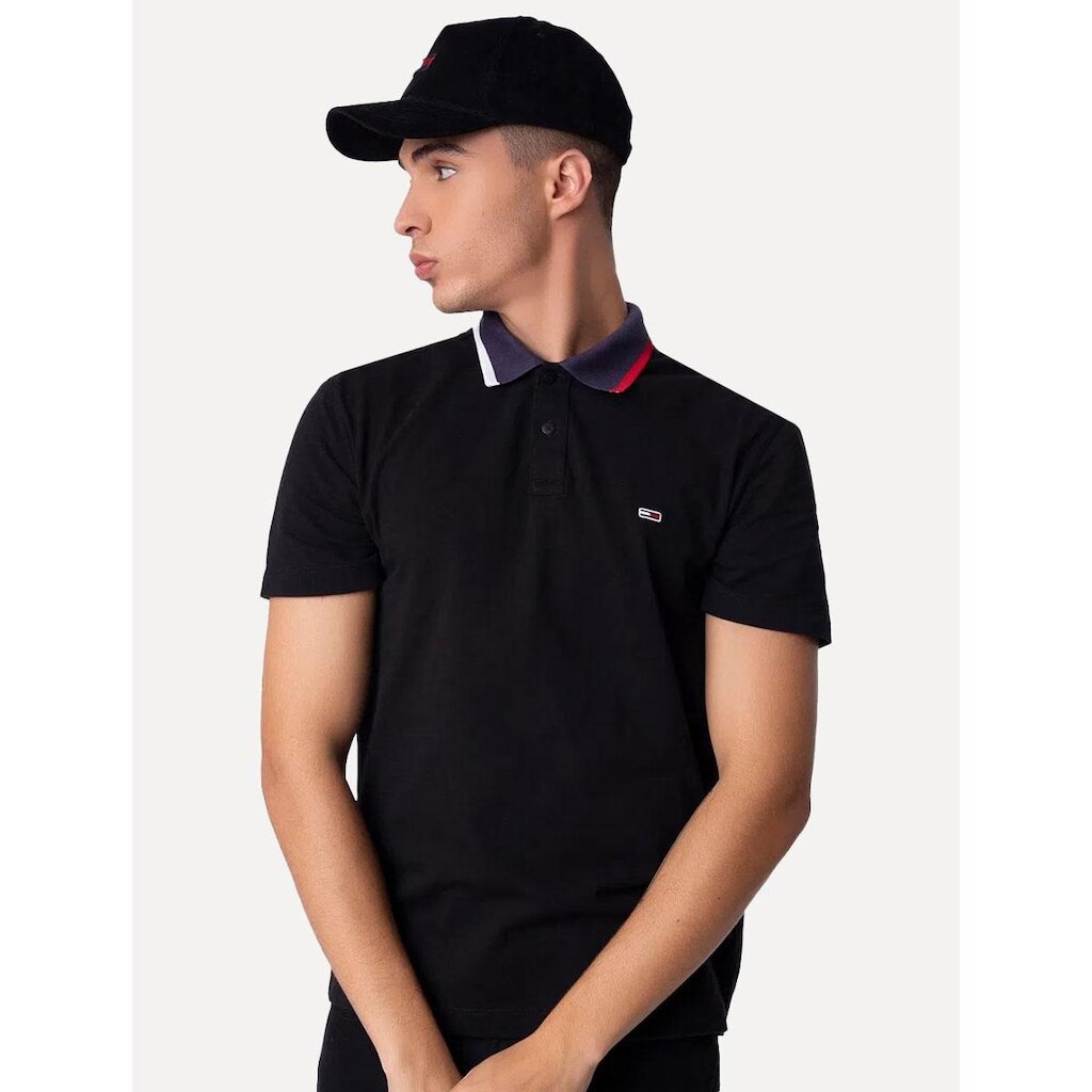 Polo Tommy Jeans Masculina Regular Flag Neck Preta