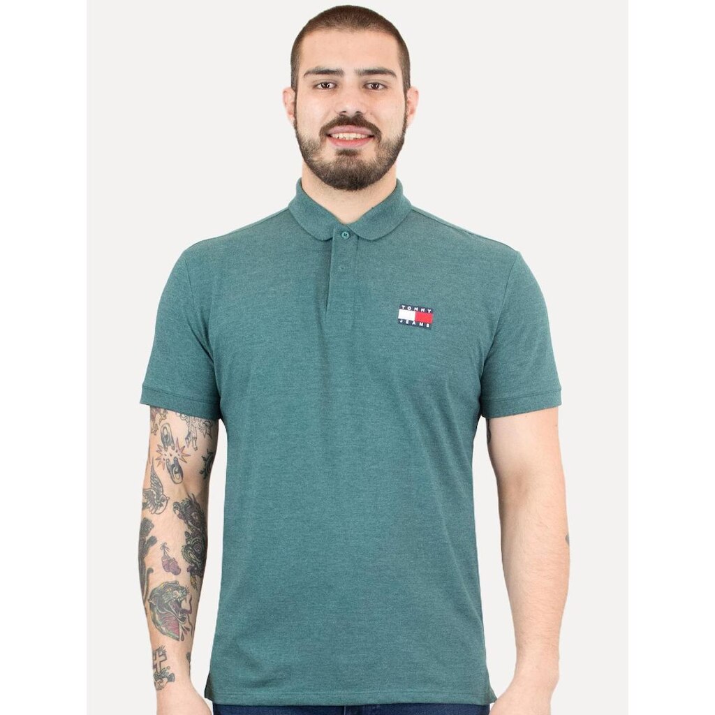 Polo Tommy Jeans Masculina Regular Heather XS Badge Verde Mescla