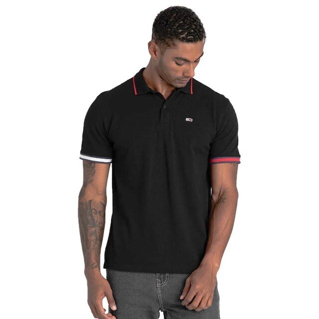 Polo Tommy Jeans Masculina Regular Piquet Flag Cuffs Preta