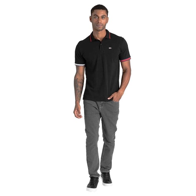 Polo Tommy Jeans Masculina Regular Piquet Flag Cuffs Preta