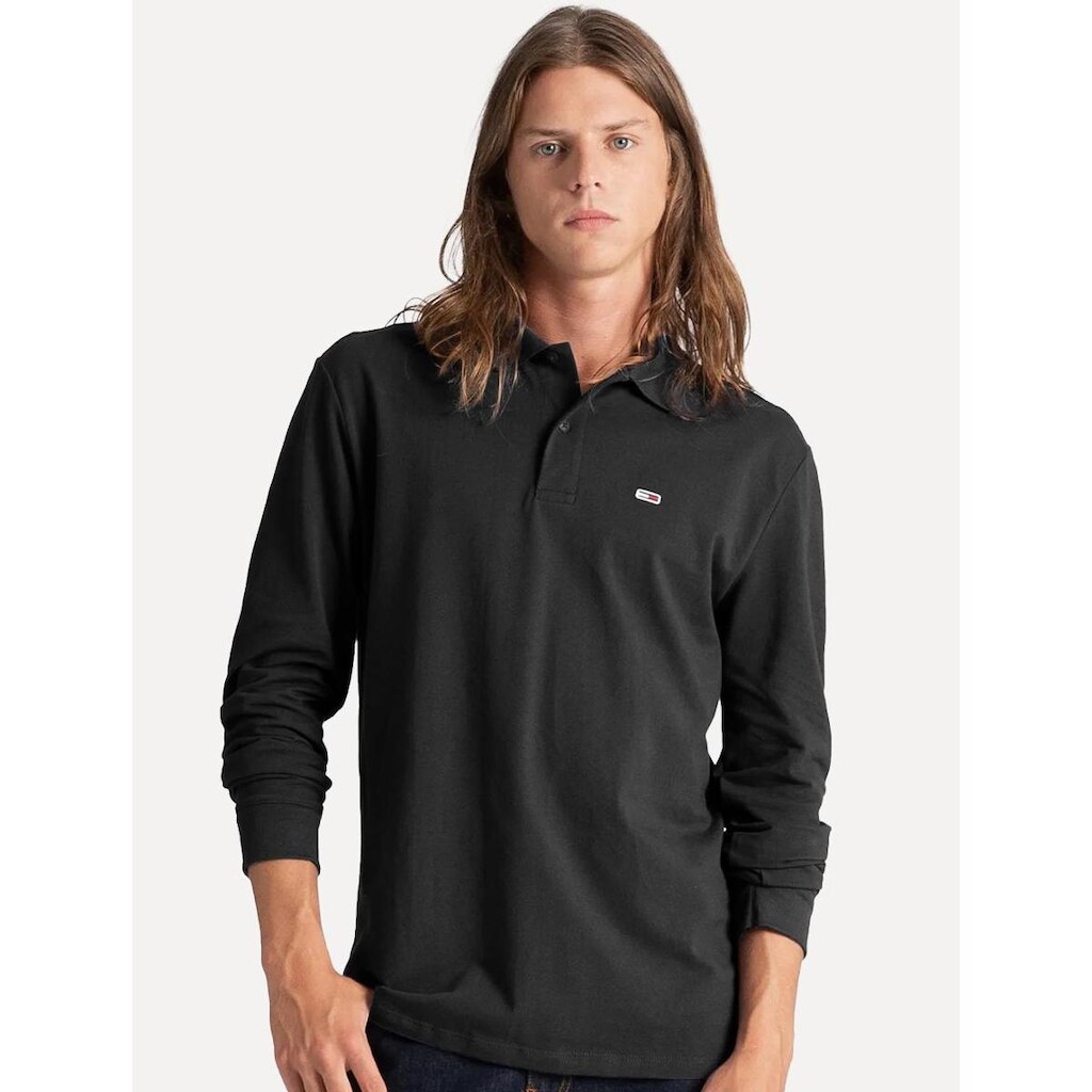 Polo Tommy Jeans Masculina Slim Piquet Flag Placket Preta