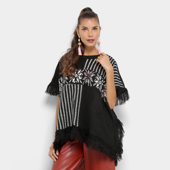 Poncho Pashmina One Size Boho Tricô - Preto