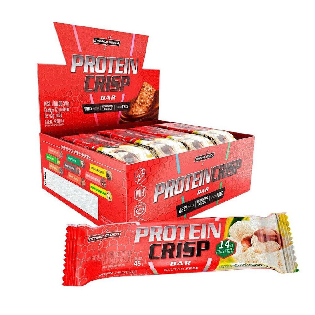 PROTEIN CRISP BAR BARRA DE PROTEÍNA CRISP WHEY PROTEIN SABORES C/ 12 UN INTEGRAL MEDICA