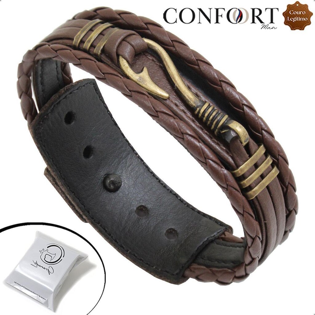 Pulseira Ajustável De Couro Marrom Masculina Anzol Pescaria Ouro Velho Preto