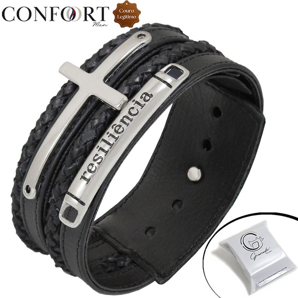 Pulseira Ajustável De Couro Preto Masculina Resiliência Prateado