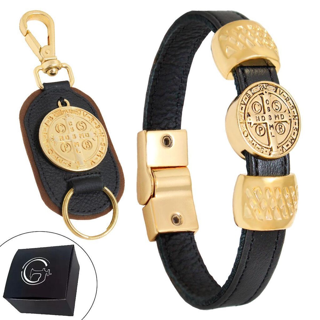 Pulseira + Chaveiro São Bento Couro Preto Legítimo Kit c/2 Peças Dourado - NE