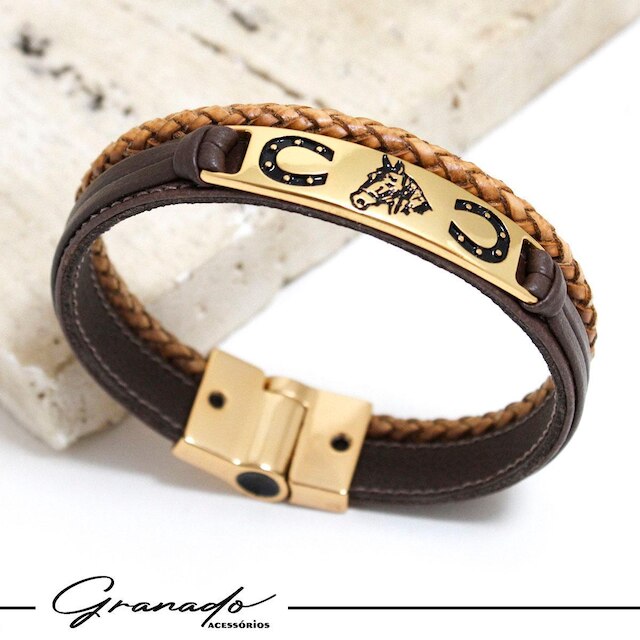 Pulseira Country Bracelete Ferradura Cavalo Couro Fecho Imã - NE