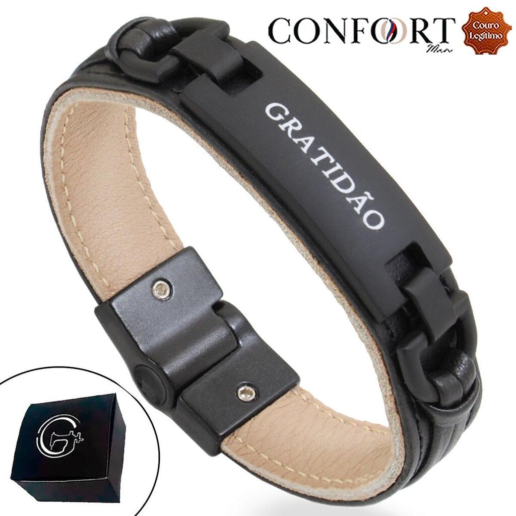 Pulseira Couro Preto Bege All Black Magnética com Imã Gratidão
