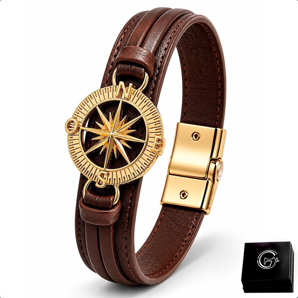 Pulseira De Bússola Marrom Rosa Dos Ventos Fecho Magnético