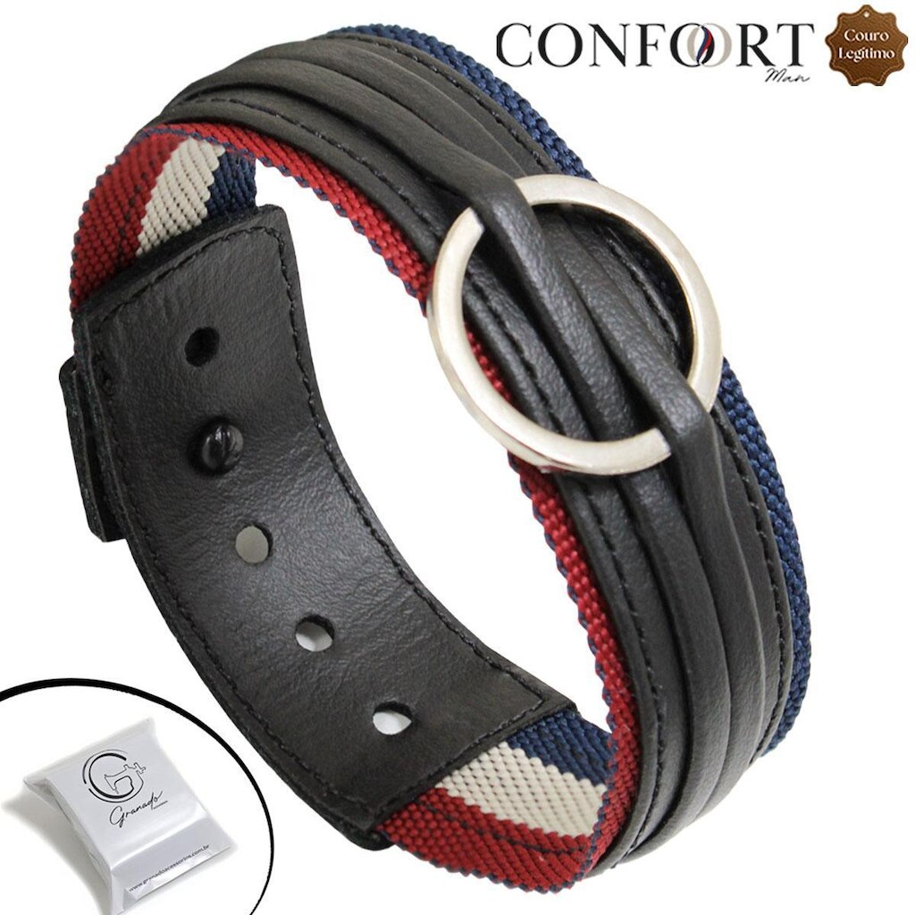 Pulseira de Couro Ajustável Arcos Círculos Prata e Preto Argolas