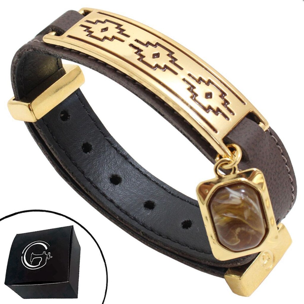 Pulseira de Couro Arabesco Bioma Pampa Country Pedra Natural Ajustável Banhado a Ouro - NE