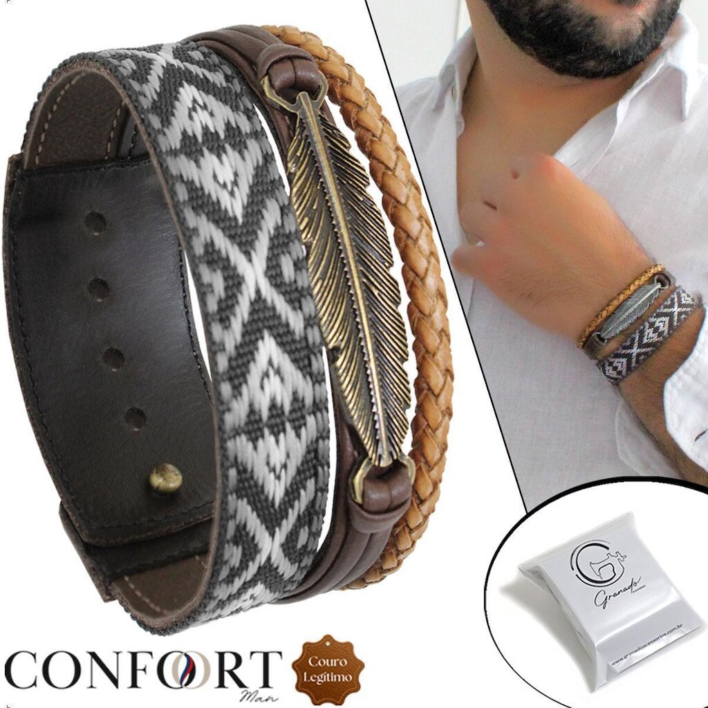 Pulseira de Couro Bracelete Pena e Faixa Indígena Marrom Trançado - NE