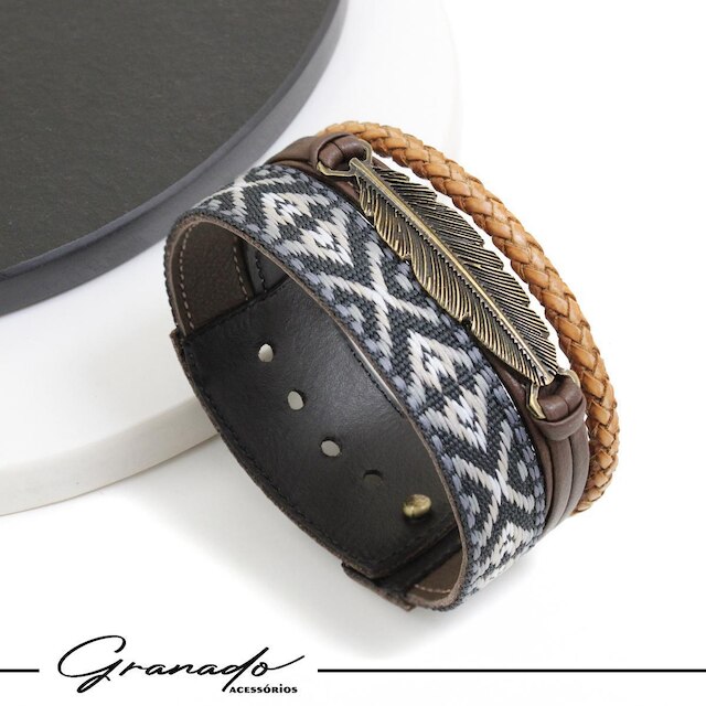 Pulseira de Couro Bracelete Pena e Faixa Indígena Marrom Trançado - NE