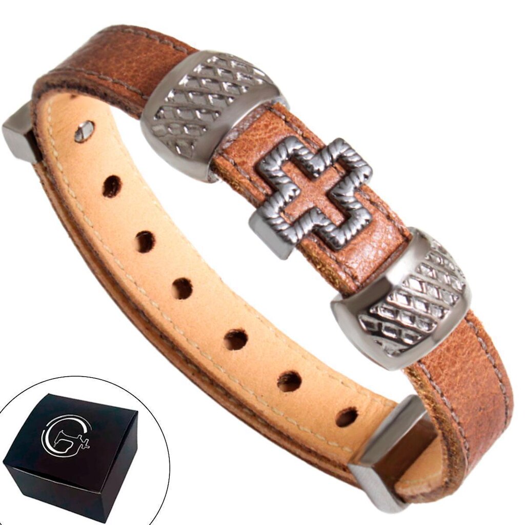 Pulseira de Couro Cruz Vazada com Fecho Strap Plug Ajustável - NE