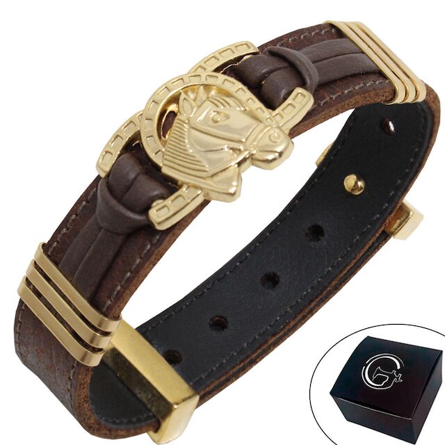 Pulseira de Couro Ferradura Cavalo Country Fecho Strap Plug Ajustável Banhado a Ouro - NE