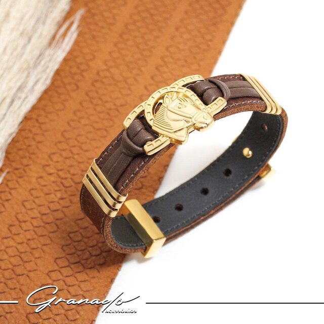Pulseira de Couro Ferradura Cavalo Country Fecho Strap Plug Ajustável Banhado a Ouro - NE