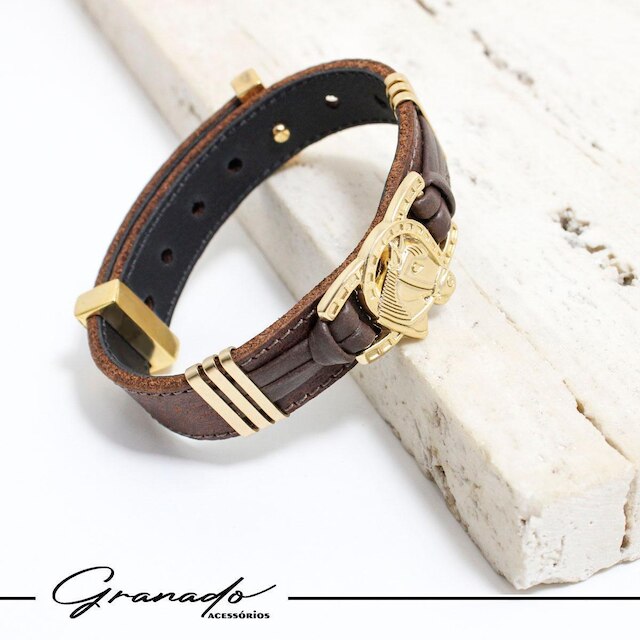Pulseira de Couro Ferradura Cavalo Country Fecho Strap Plug Ajustável Banhado a Ouro - NE