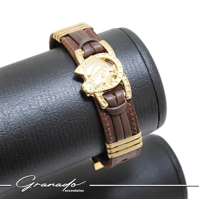Pulseira de Couro Ferradura Cavalo Country Fecho Strap Plug Ajustável Banhado a Ouro - NE