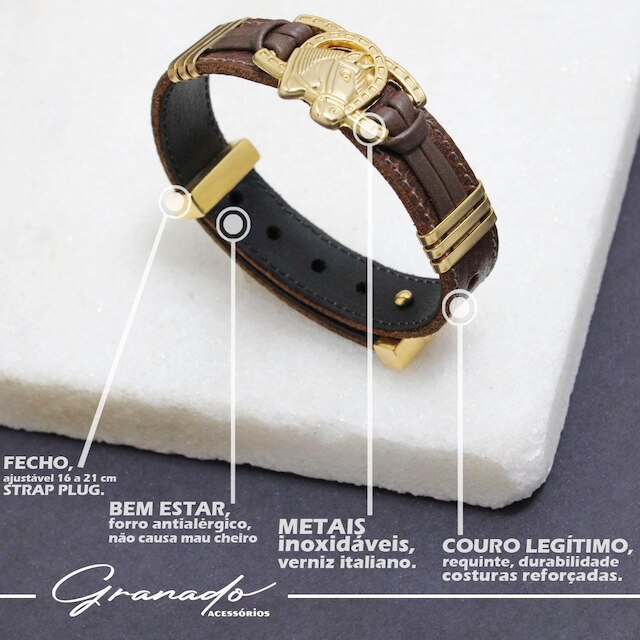 Pulseira de Couro Ferradura Cavalo Country Fecho Strap Plug Ajustável Banhado a Ouro - NE