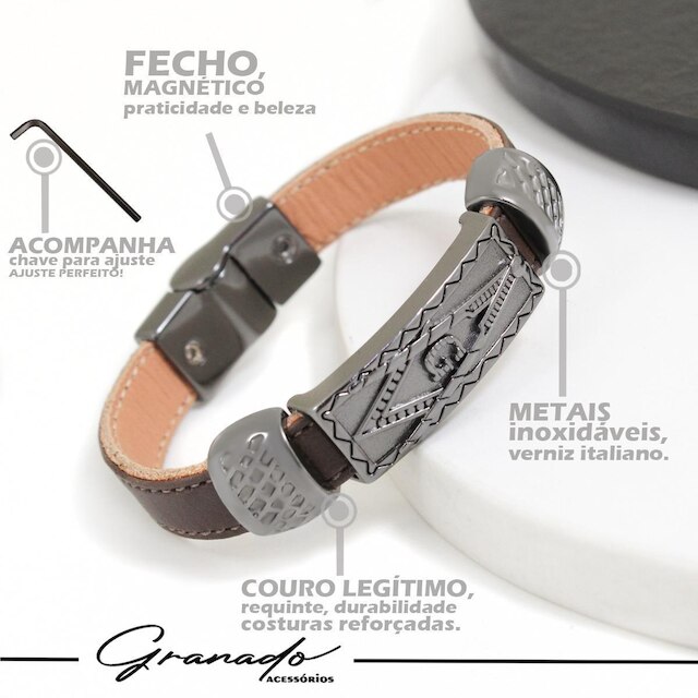 Pulseira de Couro Magnética Preto Marrom Esquadro Compasso Grafite
