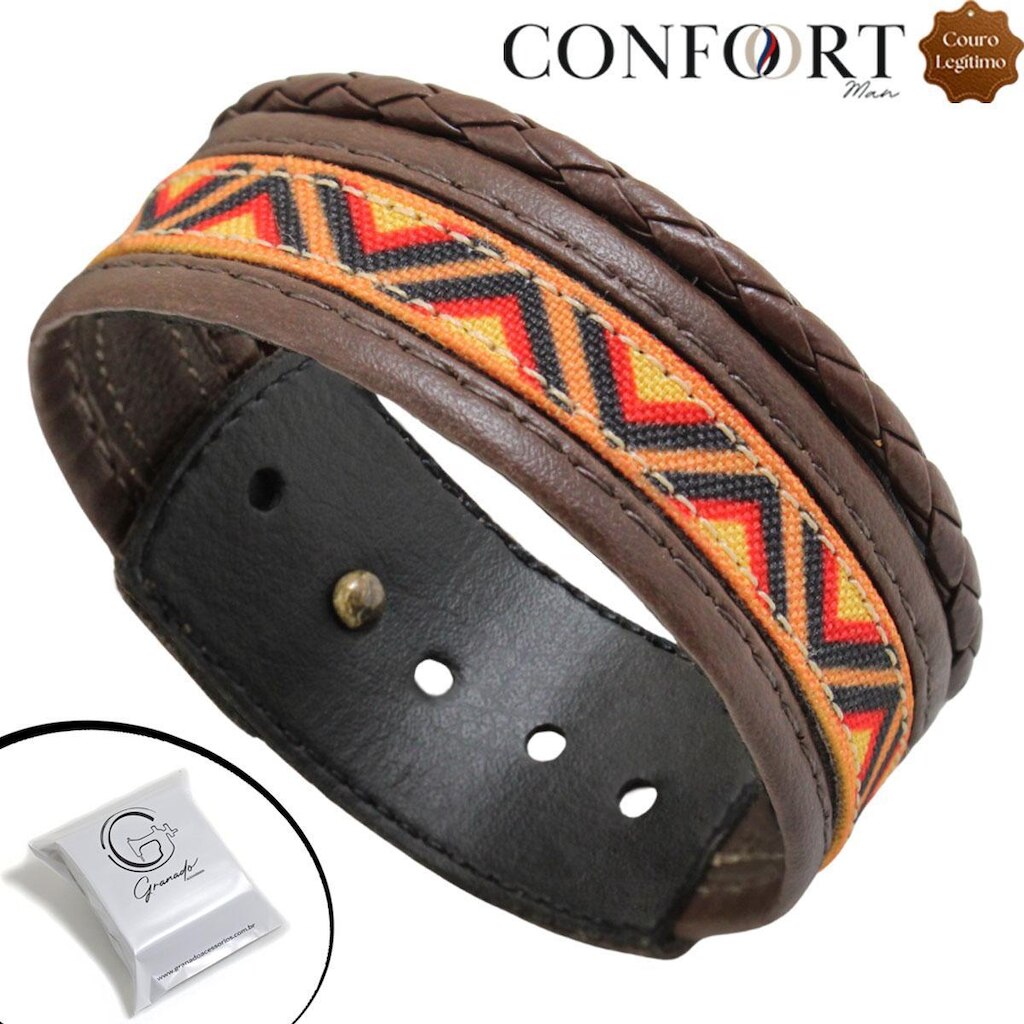 Pulseira de Couro Marrom e Preto Ajustável Trançada Laranja e Vermelho